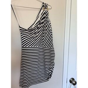 Cache Striped One Shoulder Navy Gold Metallic Ring Ruched top Sz Large